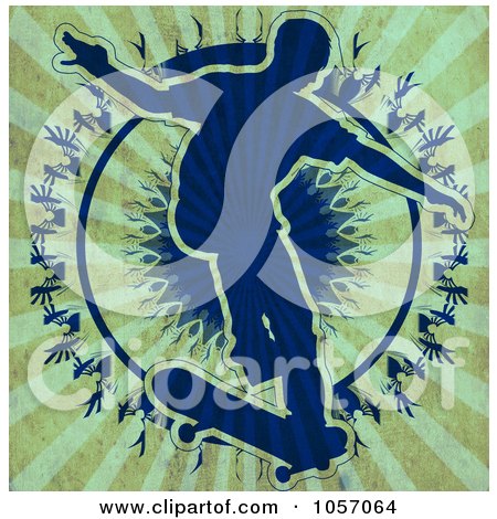 Royalty-Free Vector Clip Art Illustration of a Blue Skateboarder Over A Circle On Grungy Rays by Maria Bell