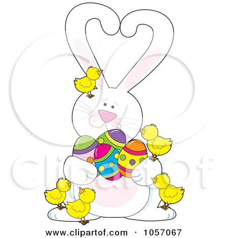 Royalty-Free Vector Clip Art Illustration of a Bunny With Heart Ears, Easter Eggs And Chicks by Maria Bell