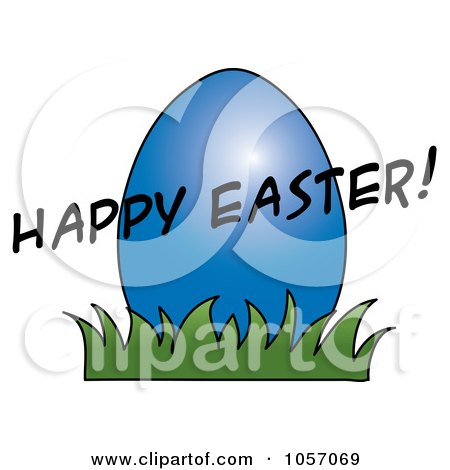 Royalty-Free Vector Clip Art Illustration of a Happy Easter Greeting Over A Blue Egg by Pams Clipart