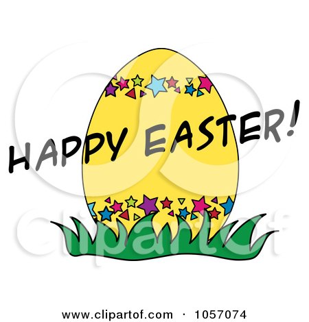 Royalty-Free Vector Clip Art Illustration of a Happy Easter Greeting Over A Yellow Egg by Pams Clipart