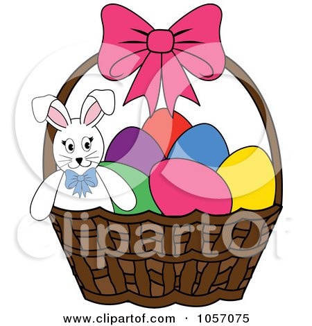 Royalty-Free Vector Clip Art Illustration of a Bunny In A Basket With Easter Eggs by Pams Clipart