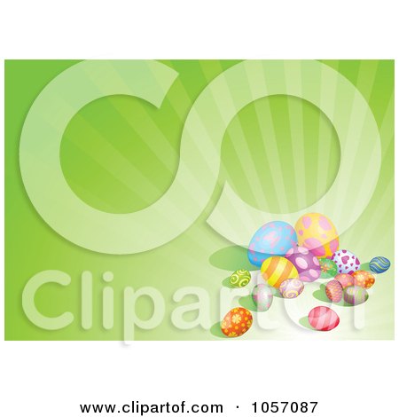 Royalty-Free Vector Clip Art Illustration of a Colorful Easter Eggs On A Background Of Green Rays by Pushkin