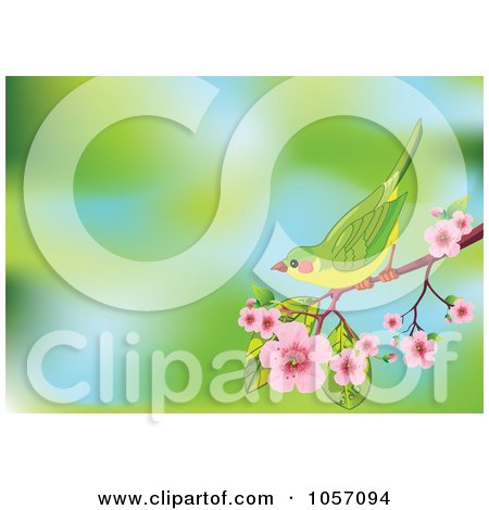 Royalty-Free Vector Clip Art Illustration of a Pretty Bird On A Cherry Blossom Branch, Over Green And Blue by Pushkin