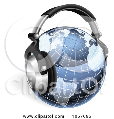 Royalty-Free Vector Clip Art Illustration of a 3d Blue Grid Globe With Headphones by AtStockIllustration