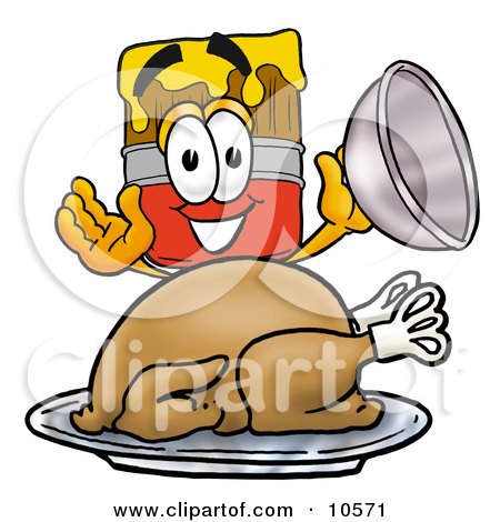 Clipart Picture of a Paint Brush Mascot Cartoon Character Serving a Thanksgiving Turkey on a Platter by Mascot Junction