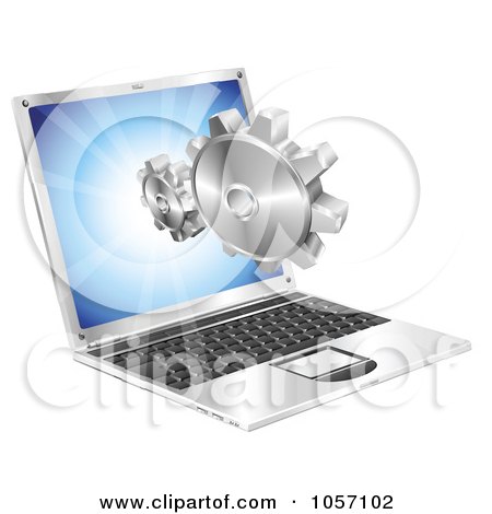 Royalty-Free Vector Clip Art Illustration of 3d Gears Coming Out Of A Laptop Screen by AtStockIllustration