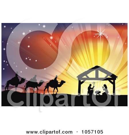Royalty-Free Vector Clip Art Illustration of a Silhouetted Traditional Christian Nativity Scene With The Three Wise Men And The Manger Against Rays by AtStockIllustration