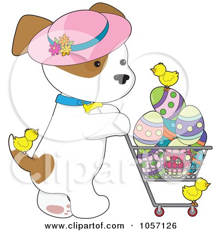 Royalty-Free Vector Clip Art Illustration of a Puppy Wearing A Hat And Pushing A Cart Of Easter Eggs And Chicks by Maria Bell