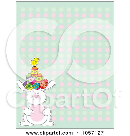 Royalty-Free Vector Clip Art Illustration of an Easter Background Of A Chick And Eggs On A Bunny's Head Over A Pastel Pattern by Maria Bell