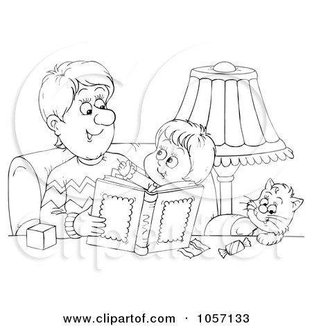 Royalty-Free Clip Art Illustration of a Coloring Page Outline Of A Father Reading To His Cat And Son by Alex Bannykh