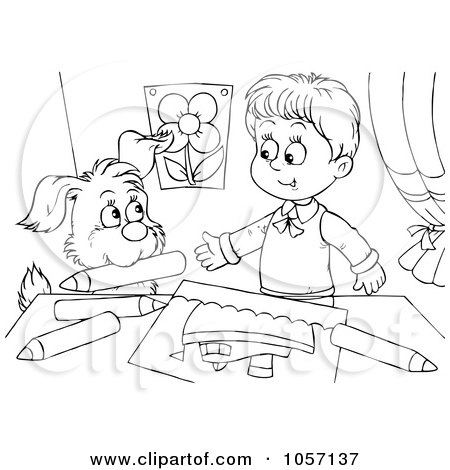 Royalty-Free Clip Art Illustration of a Coloring Page Outline Of A Dog And Boy Coloring by Alex Bannykh
