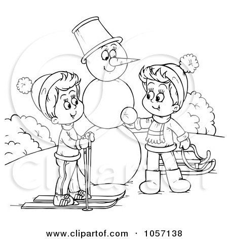 Royalty-Free Clip Art Illustration of a Coloring Page Outline Of Children Making A Snowman by Alex Bannykh