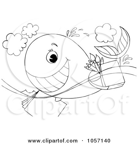 Royalty-Free Clip Art Illustration of a Coloring Page Outline Of An Artist Whale Swimming With Supplies by Alex Bannykh