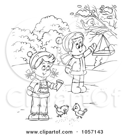 Royalty-Free Clip Art Illustration of a Coloring Page Outline Of Children Feeding Birds by Alex Bannykh