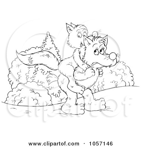Royalty-Free Clip Art Illustration of a Coloring Page Outline Of A Wolf Giving A Fox A Piggy Back Ride by Alex Bannykh