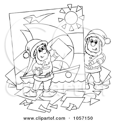 Royalty-Free Clip Art Illustration of a Coloring Page Outline Of Elves Creating A Picture by Alex Bannykh