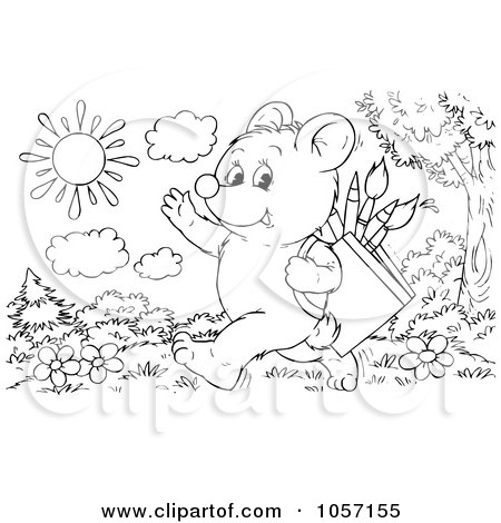 Royalty-Free Clip Art Illustration of a Coloring Page Outline Of A Bear Cub Walking To School by Alex Bannykh