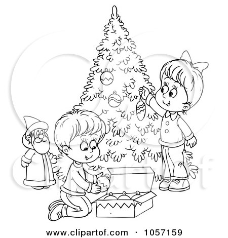 Royalty-Free Clip Art Illustration of a Coloring Page Outline Of Children Trimming A Christmas Tree by Alex Bannykh
