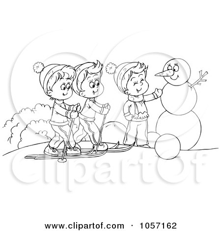 Royalty-Free Clip Art Illustration of a Coloring Page Outline Of Boys Skiing And Making A Snowman by Alex Bannykh