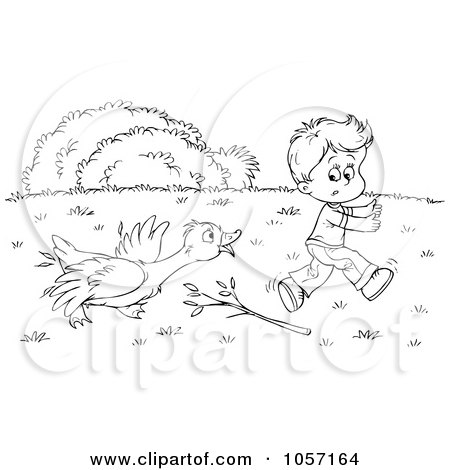Royalty-Free Clip Art Illustration of a Coloring Page Outline Of A Goose Chasing A Boy by Alex Bannykh