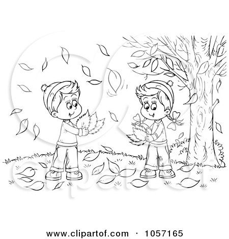 Royalty-Free Clip Art Illustration of a Coloring Page Outline Of A Boy And Girl Gathering Autumn Leaves by Alex Bannykh