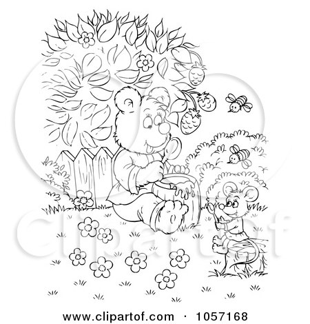 Royalty-Free Clip Art Illustration of a Coloring Page Outline Of A Bear And Mouse Sharing Honey by Alex Bannykh