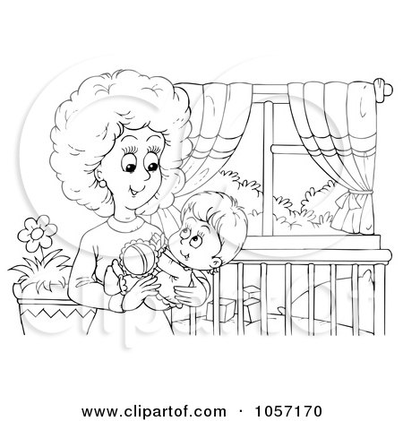 Royalty-Free Clip Art Illustration of a Coloring Page Outline Of A Mom Holding Her Baby In A Nursery by Alex Bannykh