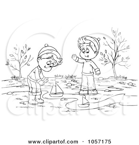Royalty-Free Clip Art Illustration of a Coloring Page Outline Of Boys Playing With Boats In A Creek by Alex Bannykh