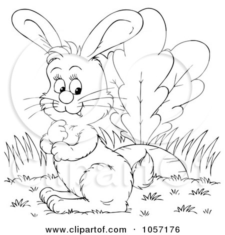 Royalty-Free Clip Art Illustration of a Coloring Page Outline Of A Rabbit By A Giant Carrot by Alex Bannykh