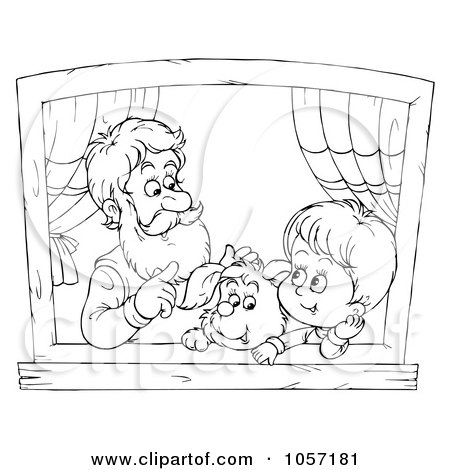 Royalty-Free Clip Art Illustration of a Coloring Page Outline Of A Boy, Dog And Grandpa In A Window by Alex Bannykh