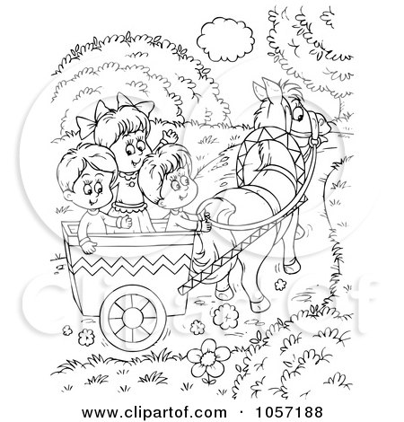 Royalty-Free Clip Art Illustration of a Coloring Page Outline Of Children Riding In A Horse Cart by Alex Bannykh