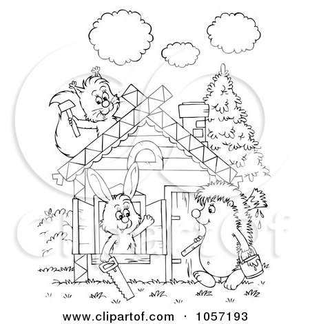 Royalty-Free Clip Art Illustration of a Coloring Page Outline Of Animals Building A Cabin by Alex Bannykh