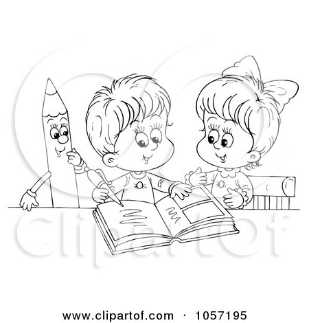 Royalty-Free Clip Art Illustration of a Coloring Page Outline Of Children Writing In A Photo Album by Alex Bannykh