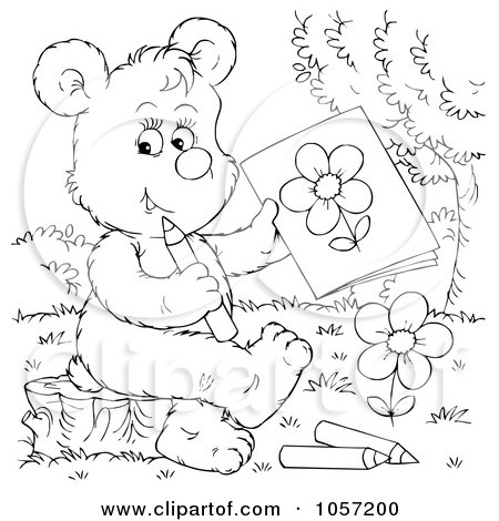 Royalty-Free Clip Art Illustration of a Coloring Page Outline Of A Bear Drawing A Flower by Alex Bannykh
