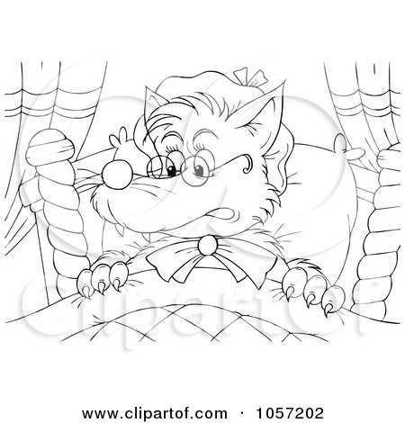 Royalty-Free Clip Art Illustration of a Coloring Page Outline Of A Bad Wolf Dressed As Granny by Alex Bannykh