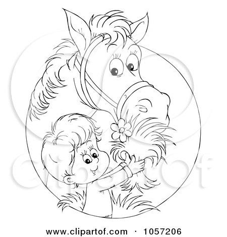 Royalty-Free Clip Art Illustration of a Coloring Page Outline Of A Boy Feeding A Horse by Alex Bannykh