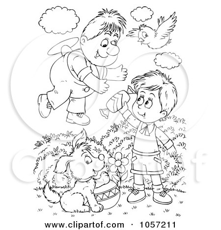 Royalty-Free Clip Art Illustration of a Coloring Page Outline Of A Boy Sharing Candy With A Flyer Man by Alex Bannykh
