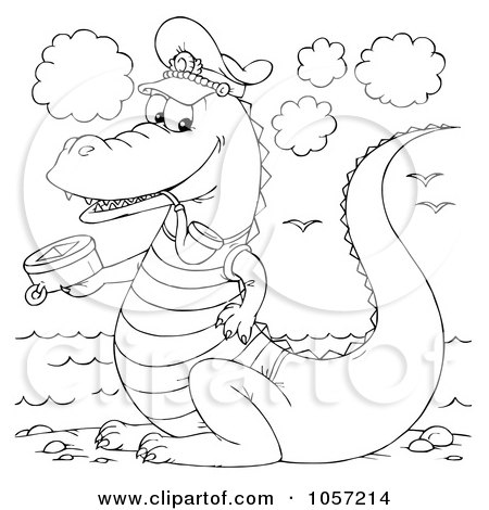 Royalty-Free Clip Art Illustration of a Coloring Page Outline Of A Captain Crocodile by Alex Bannykh