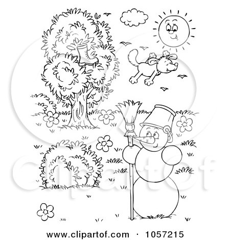 Royalty-Free Clip Art Illustration of a Coloring Page Outline Of A Dog Flying Over A Snowman by Alex Bannykh