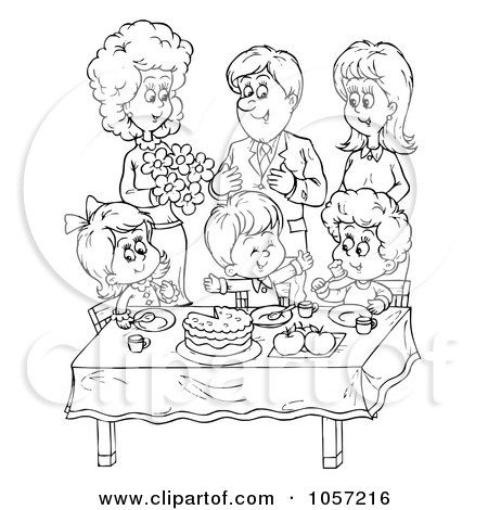 Royalty-Free Clip Art Illustration of a Coloring Page Outline Of A Family Celebrating Around A Table by Alex Bannykh