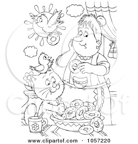 Royalty-Free Clip Art Illustration of a Coloring Page Outline Of A Cat And Bird Making Donuts by Alex Bannykh