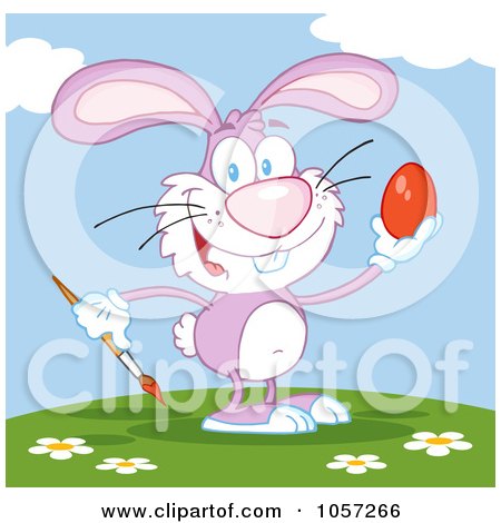 Royalty-Free Vector Clip Art Illustration of a Pink Easter Bunny Painting An Egg Outdoors by Hit Toon