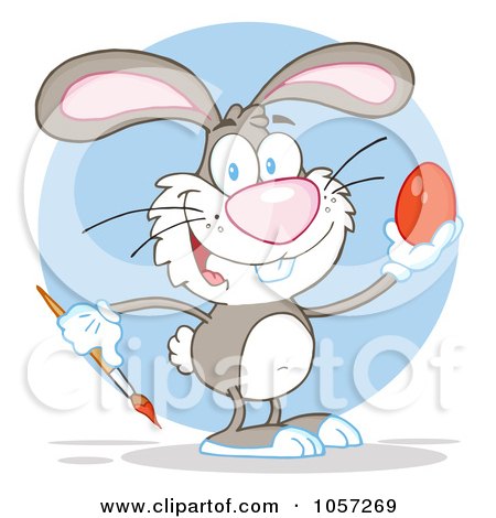 Royalty-Free Vector Clip Art Illustration of a Gray Easter Bunny Painting An Egg Over A Blue Circle by Hit Toon