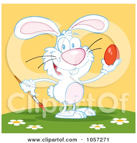 Royalty-Free Vector Clip Art Illustration of a White Easter Bunny Painting An Egg Outdoors by Hit Toon