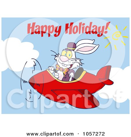 Royalty-Free Vector Clip Art Illustration of Happy Holidays Greeting Over An Easter Bunny Flying A Red Airplane by Hit Toon