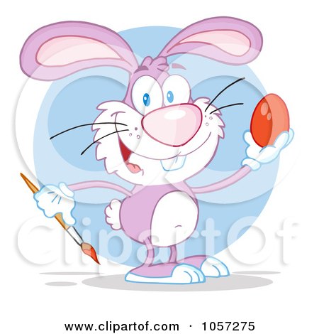 Royalty-Free Vector Clip Art Illustration of a Pink Easter Bunny Painting An Egg Over A Blue Circle by Hit Toon