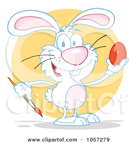 Royalty-Free Vector Clip Art Illustration of a White Easter Bunny Painting An Egg Over A Yellow Circle by Hit Toon