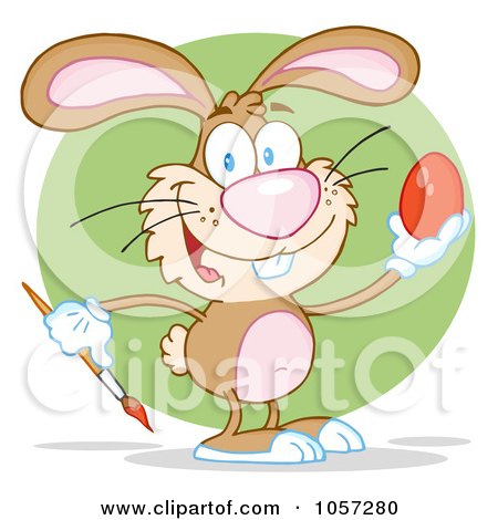 Royalty-Free Vector Clip Art Illustration of a Brown Easter Bunny Painting An Egg Over A Green Circle by Hit Toon