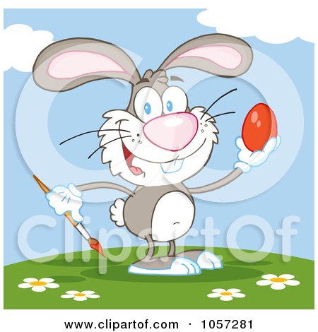 Royalty-Free Vector Clip Art Illustration of a Gray Easter Bunny Painting An Egg Outside by Hit Toon
