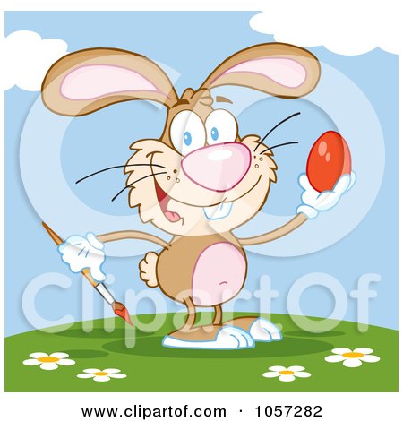 Royalty-Free Vector Clip Art Illustration of a Brown Easter Bunny Painting An Egg Outdoors by Hit Toon